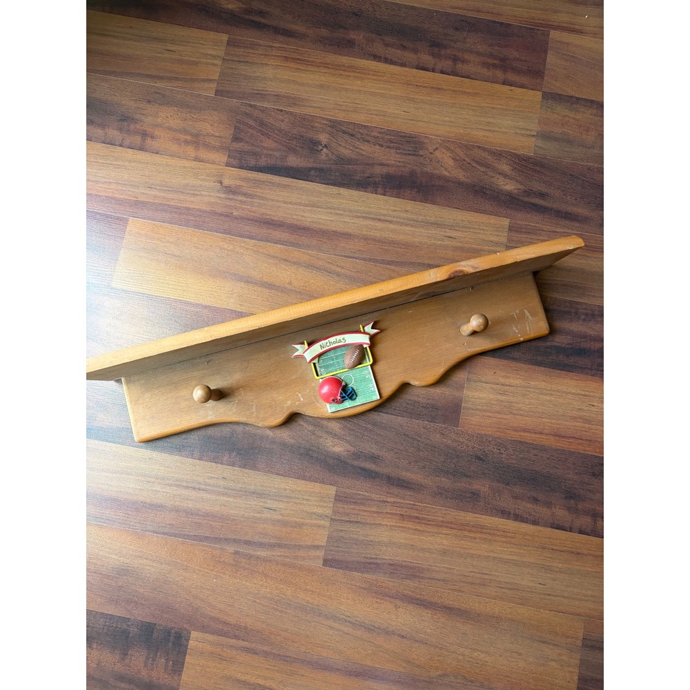 Vintage Wood Football Wall Shelf with Pegs Sports Nursery Decor 24in
